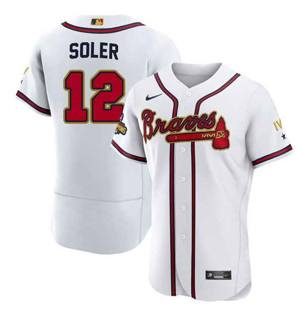Men's Atlanta Braves #12 Jorge Soler 2022 White/Gold World Series Champions Program Flex Base Stitched Baseball Jersey Men's Atlanta Braves #12 Jorge Soler 2022 White/Gold World Series Champions Program Flex Base Stitched Baseball Jersey
